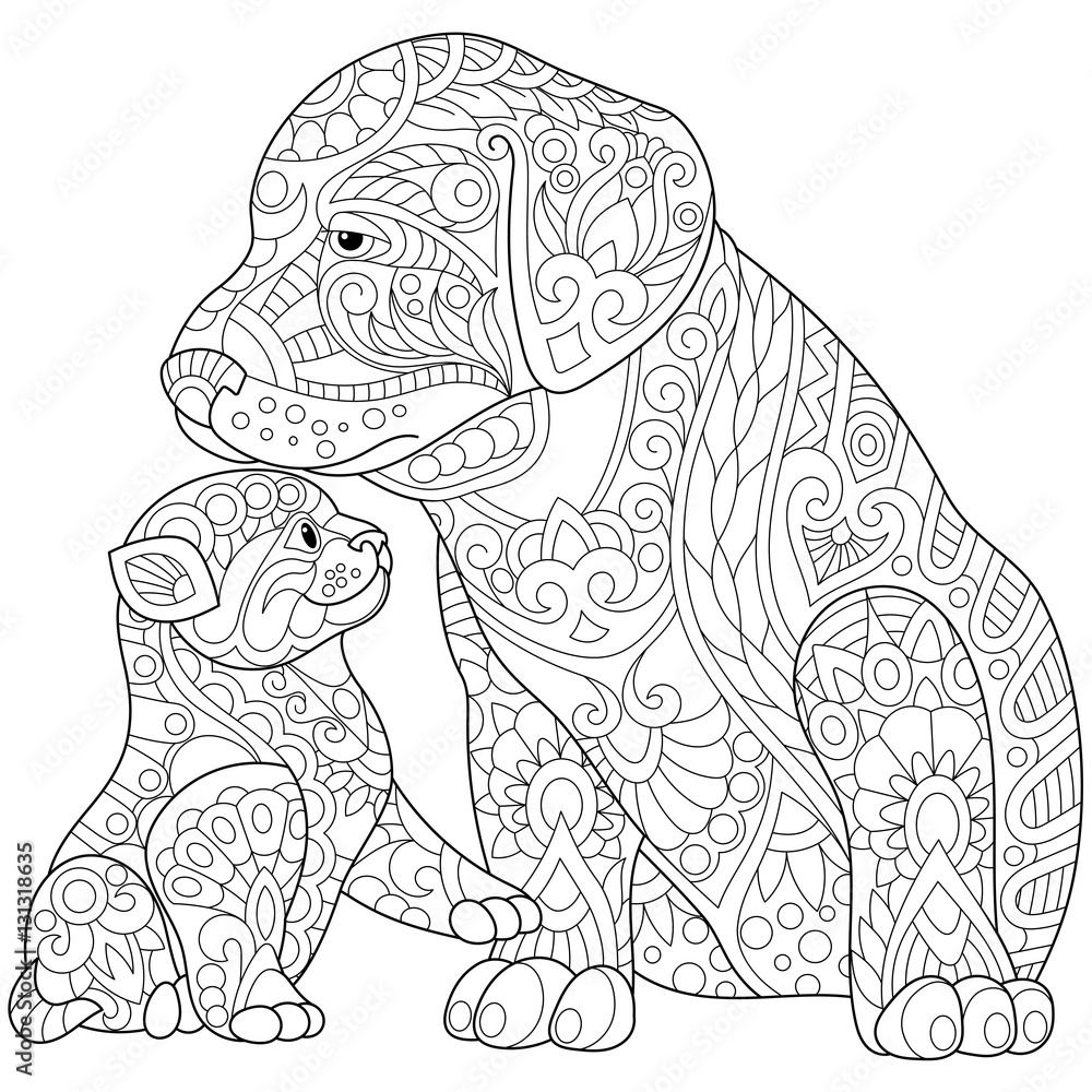 Stylized cute friends cat young kitten and labrador dog puppy freehand sketch for adult anti stress coloring book page with doodle and zentangle elements vector