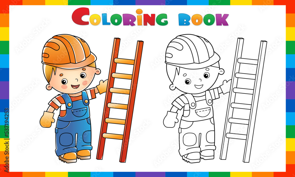 Coloring page outline of cartoon builder or worker with step ladder profession coloring book for kids vector