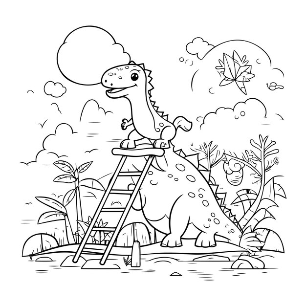 Premium vector coloring page outline of cute dinosaur on ladder vector