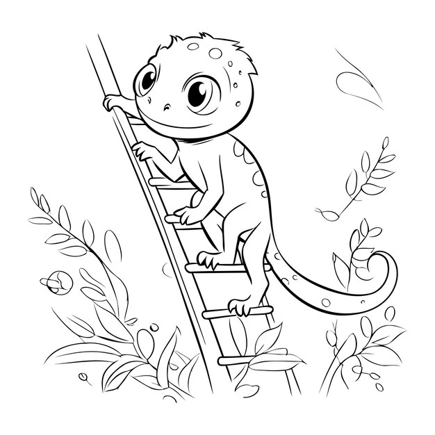 Premium vector cute baby lizard climbing on a ladder coloring book for children