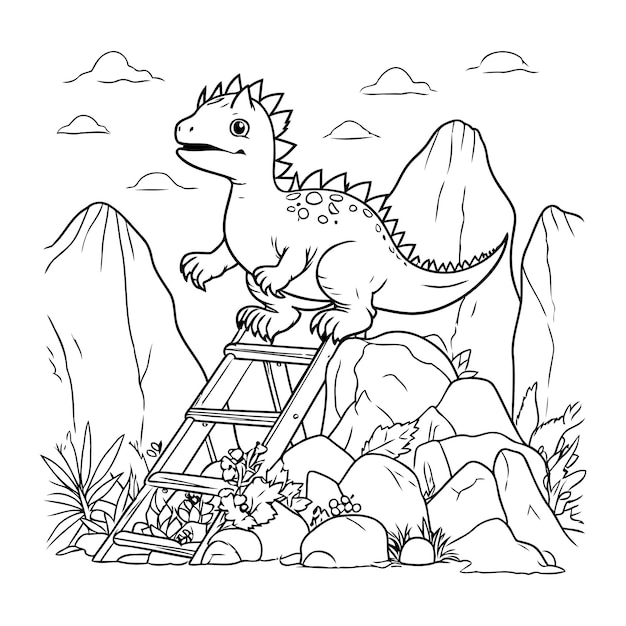 Premium vector dinosaur on a ladder vector illustration for coloring book page