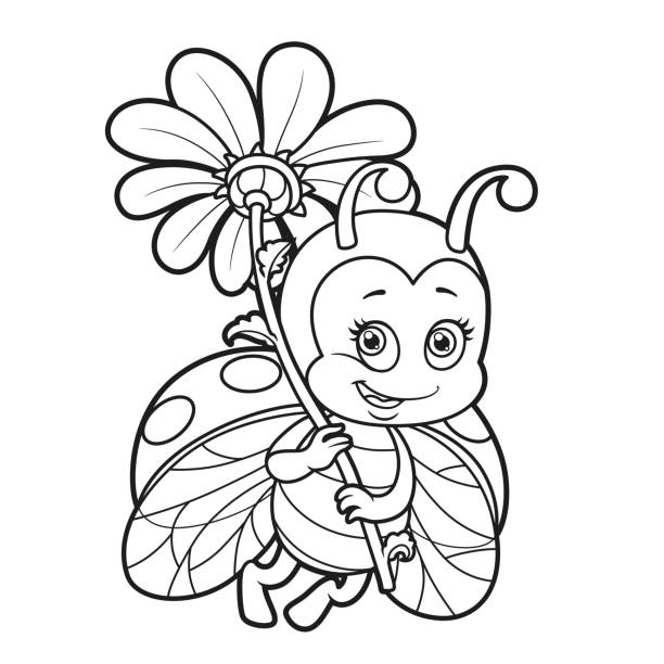 Cute cartoon ladybug fly with big flower outlined for coloring page isolated on white background stock illustration