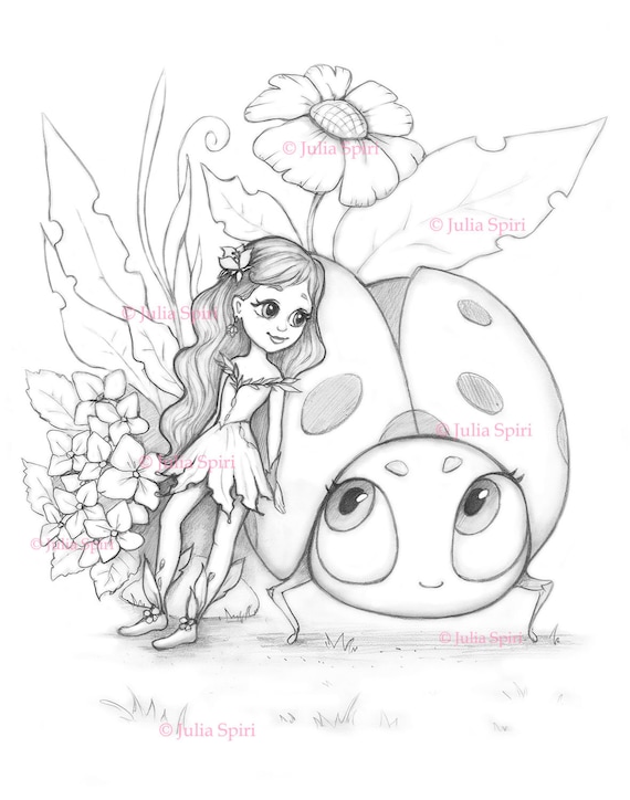 Coloring page digital stamp digi cute girl ladybug flowers fairytale whimsy line art thumbelina instant download