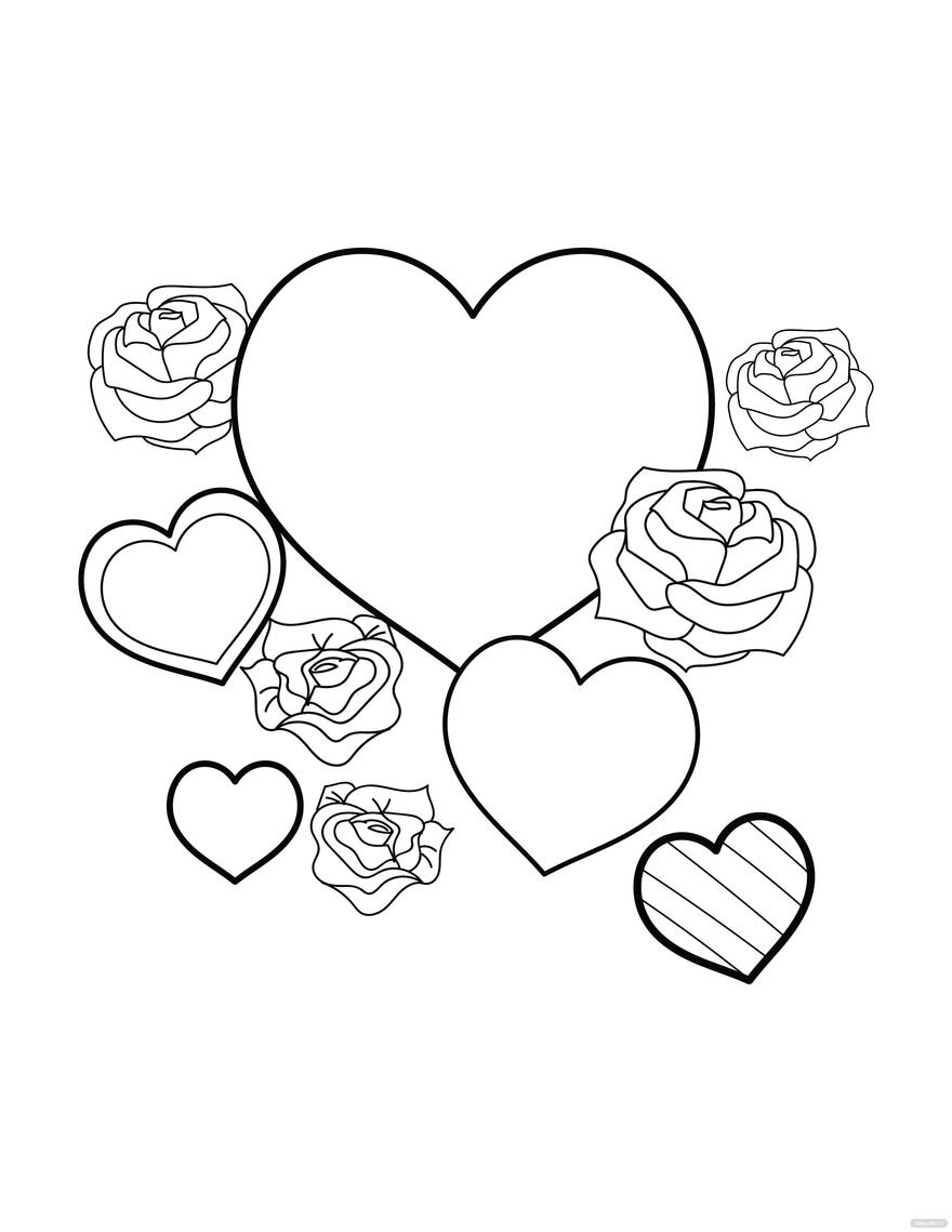 Free hearts and flowers coloring page for kids