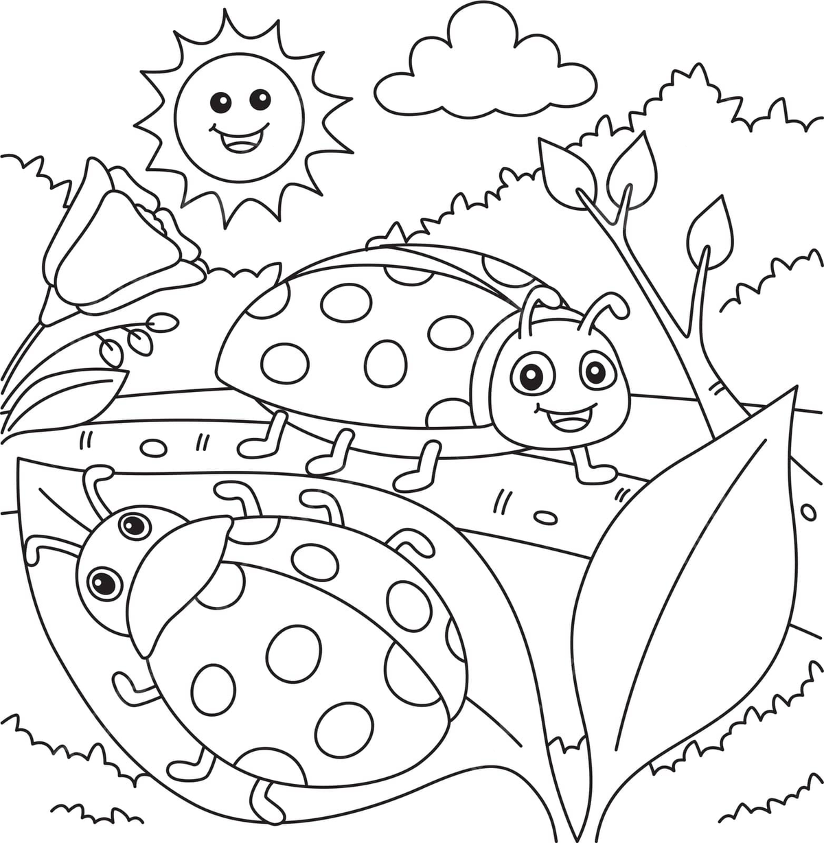 Spring two ladybugs coloring page for kids sunny colouring graphic vector sun drawing bug drawing ring drawing png and vector with transparent background for free download