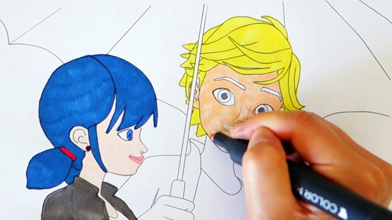 Miraculous ladybug and cat noir coloring book pages marinette and adrien umbrella scene kids art