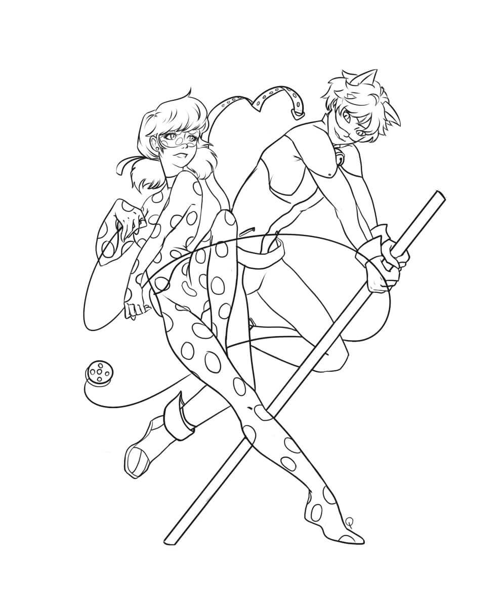 Ladybug and cat noir fighting coloring page