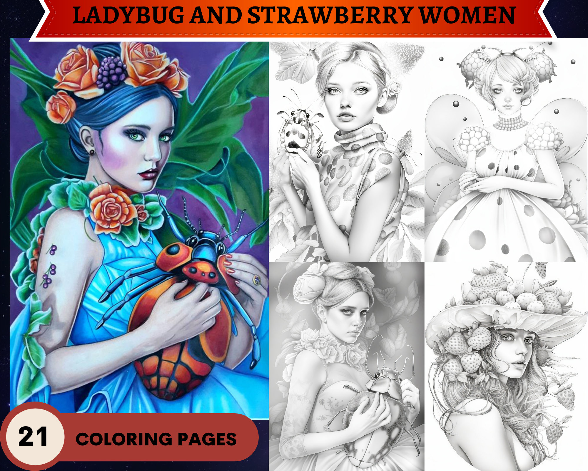 Ladybug and strawberry women coloring pages printable adult coloring pages grayscale illustration beautiful women