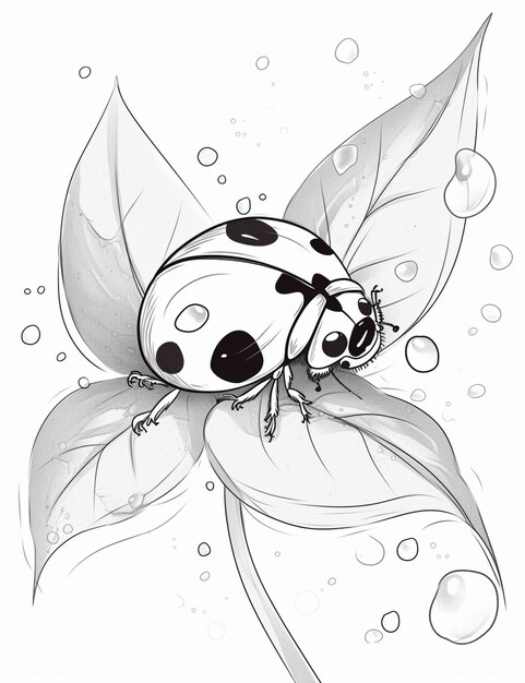 Premium ai image drawing of a ladybug on a leaf with bubbles generative ai