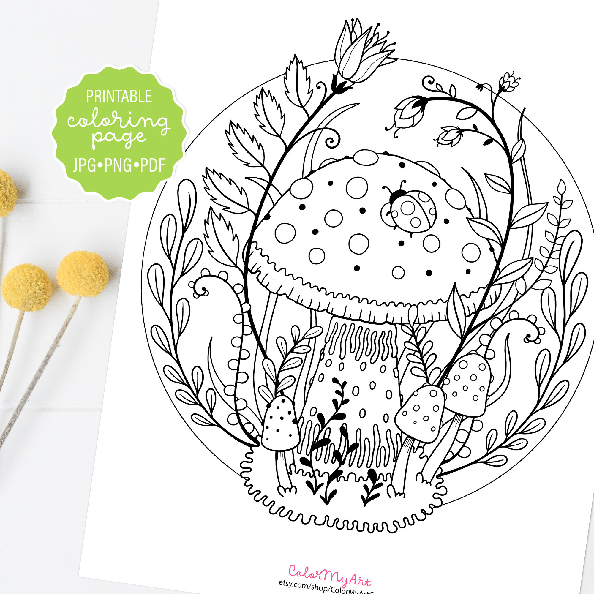 Cute mushroom and ladybug coloring page woodland mushroom coloring sheet adult coloring printable or digital download now