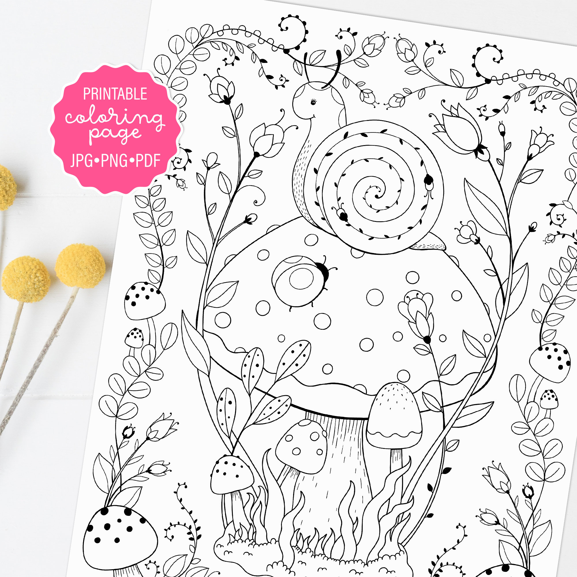 Cute mushroom snail and ladybug coloring page woodland mushroom coloring sheet adult coloring printable or digital