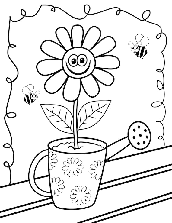 Smiley face flowers and bugs coloring pages ladybug dragonfly bee spider printable book digital download not a physical product