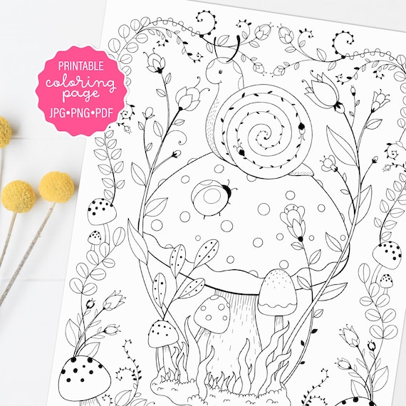 Cute mushroom snail and ladybug coloring page woodland mushroom coloring sheet adult coloring printable or digital