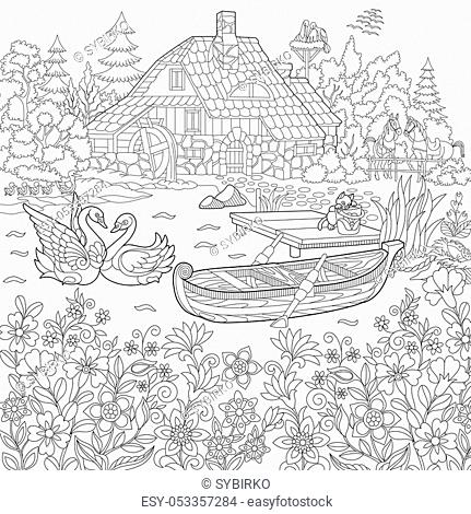 Coloring page of rural landscape flower meadow lake farm house ducks kitten swans hors foto de stock vector low budget royalty free pic y