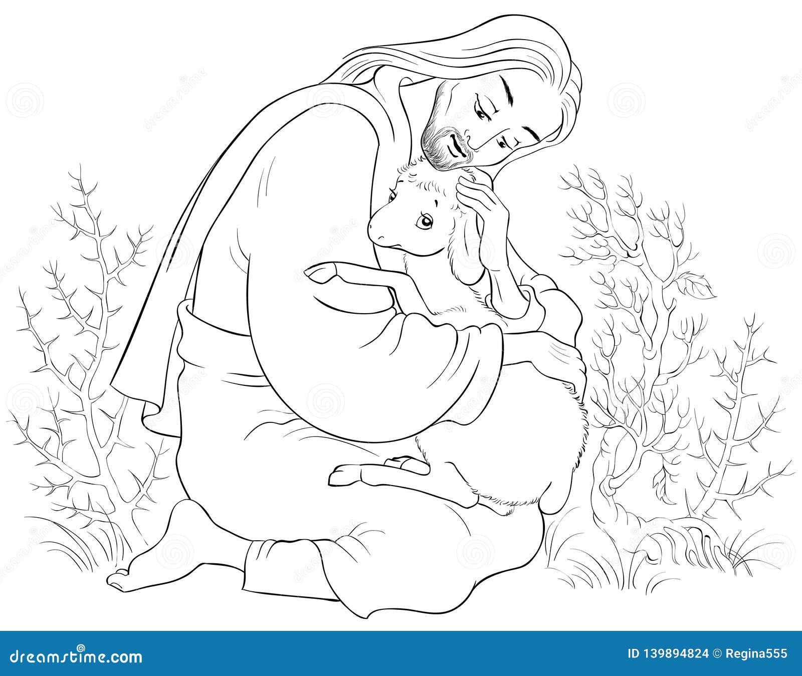 History of jesus christ the parable of the lost sheep the good shepherd rescuing a lamb caught in thorns coloring page stock vector