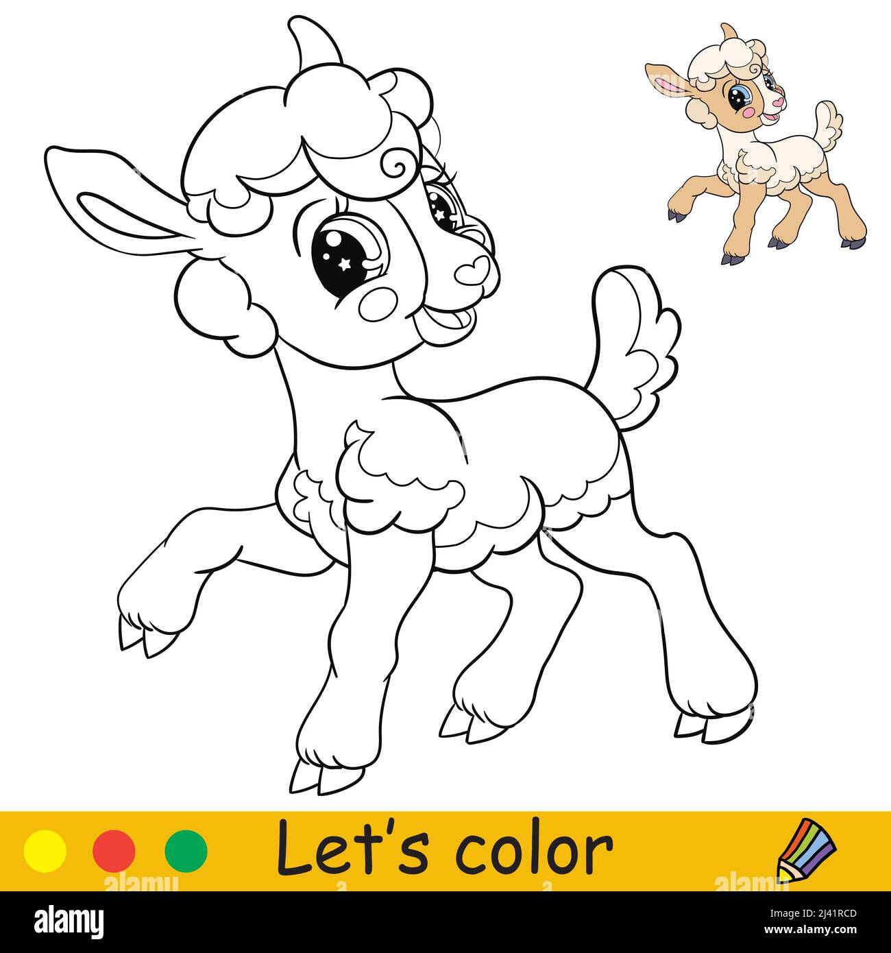 Cartoon cute happy lamb coloring book page with colorful template for kids vector isolated illustration for coloring book print game party desi stock vector image art