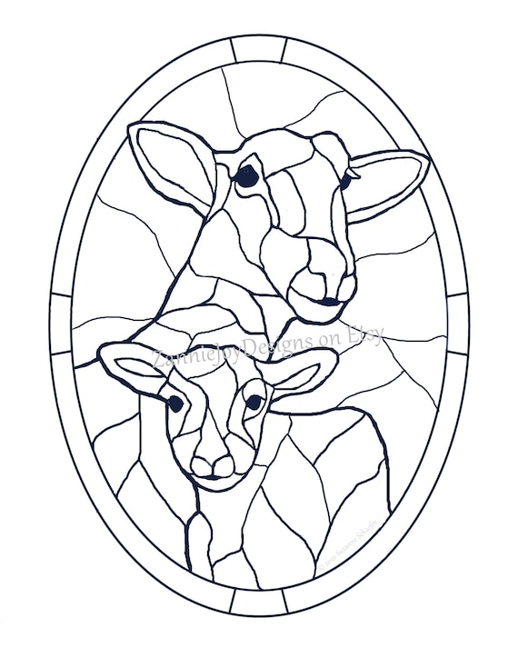 Stained glass sheep ewe and lamb pattern sheep print coloring page farm animals instant download printable pdf