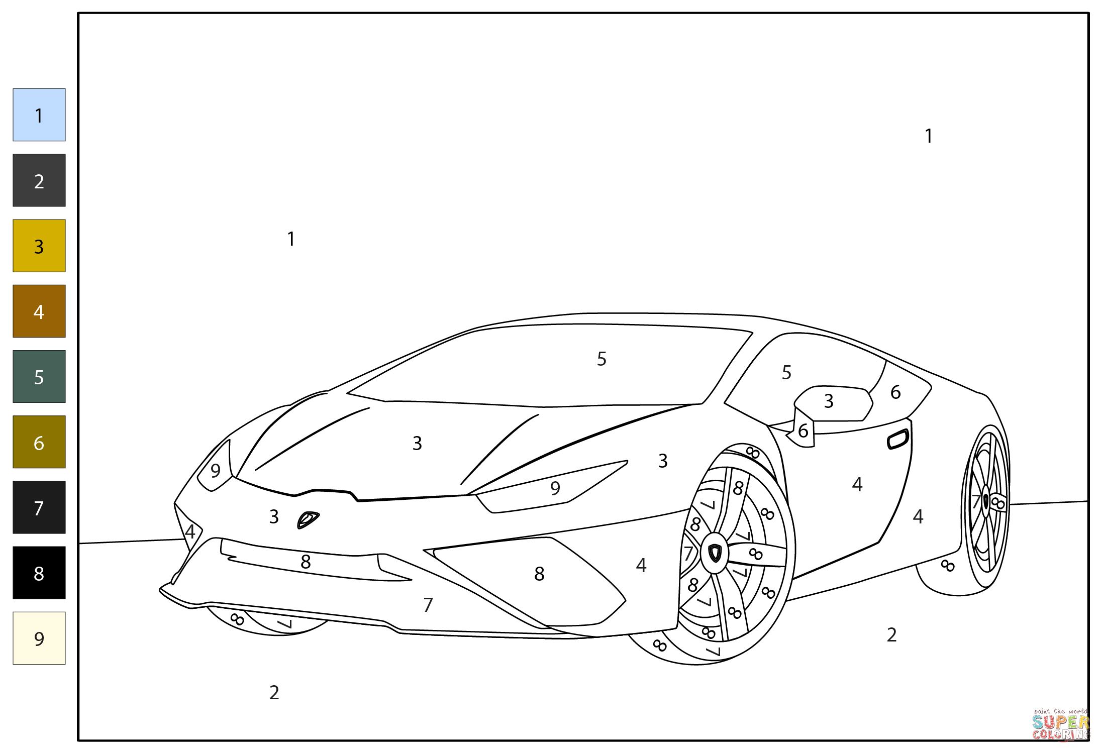 Lamborghini huracan color by number coloring page free printable coloring pages