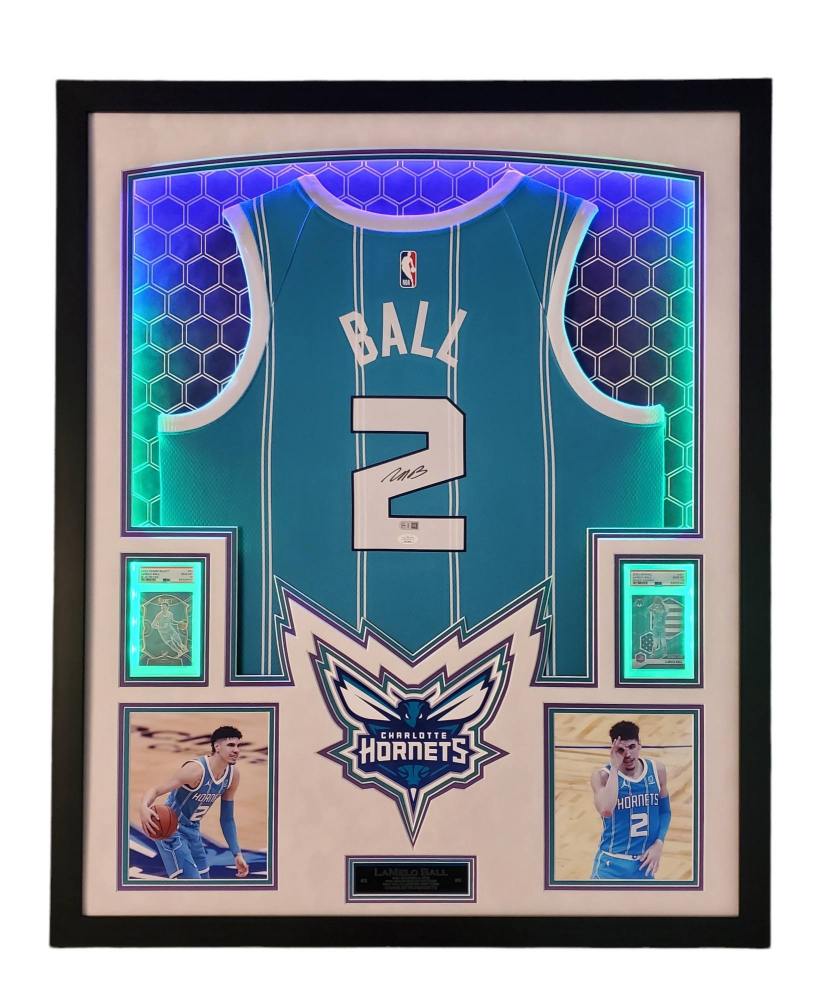 Lamelo ball signed hornets x custom framed led backlit jersey display with trading cards jsa usasm pristine auction