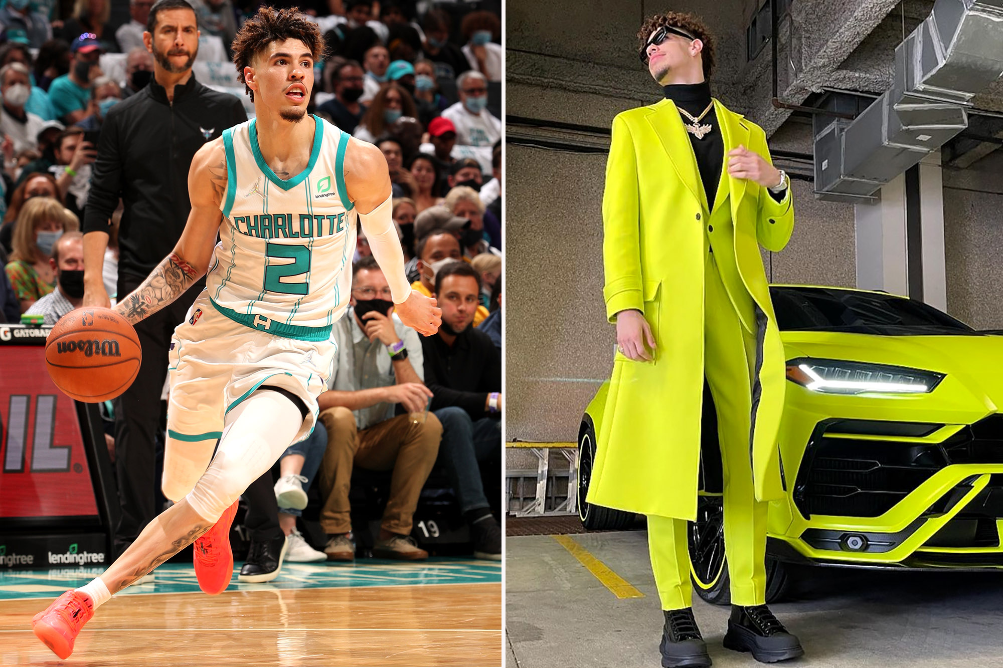 Lamelo balls neon outfit after charlottes win against pacers