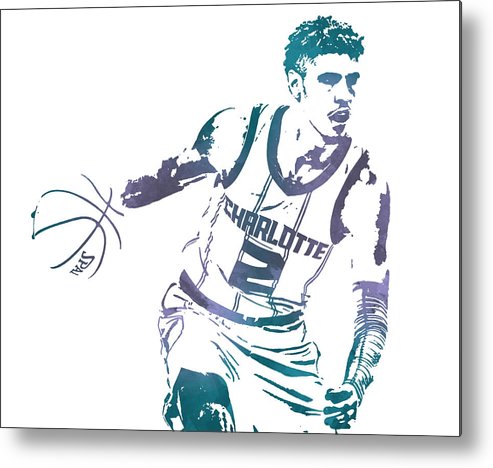 Lamelo ball charlotte hornets watercolor strokes pixel art metal print by joe hamilton