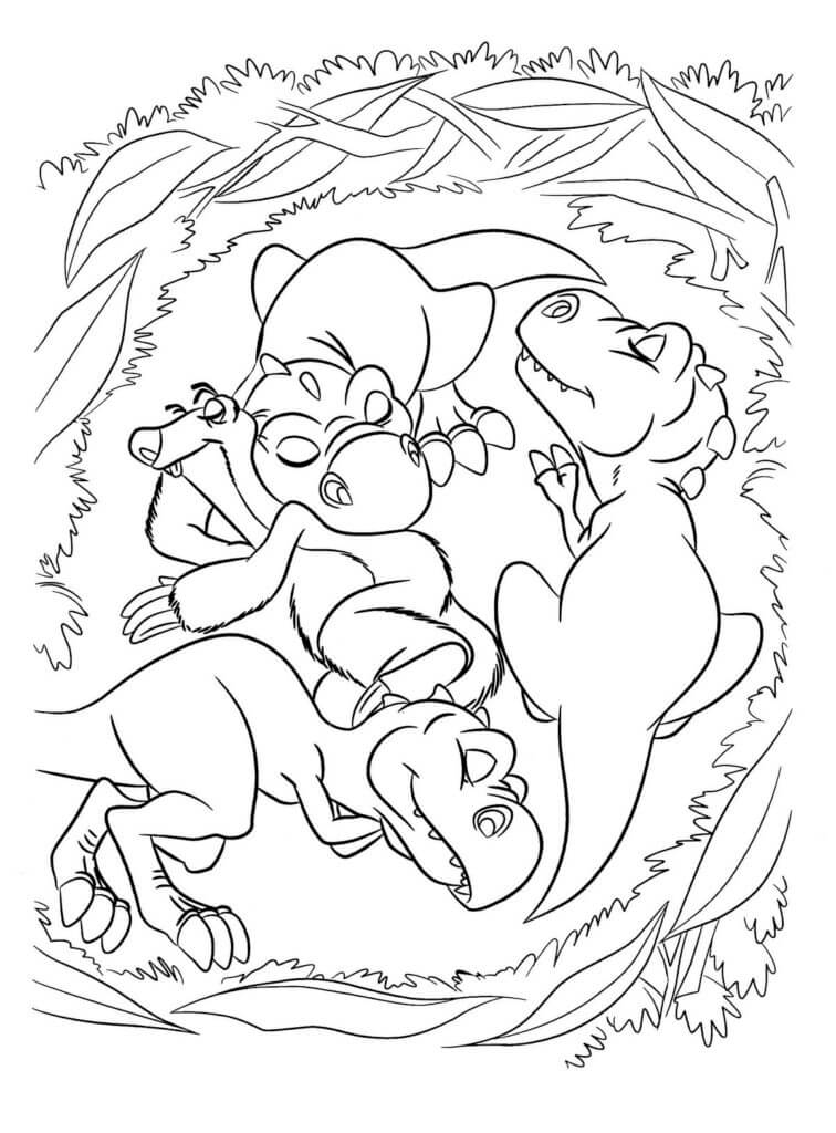 Sloth and dinosaurs are sleeping coloring page