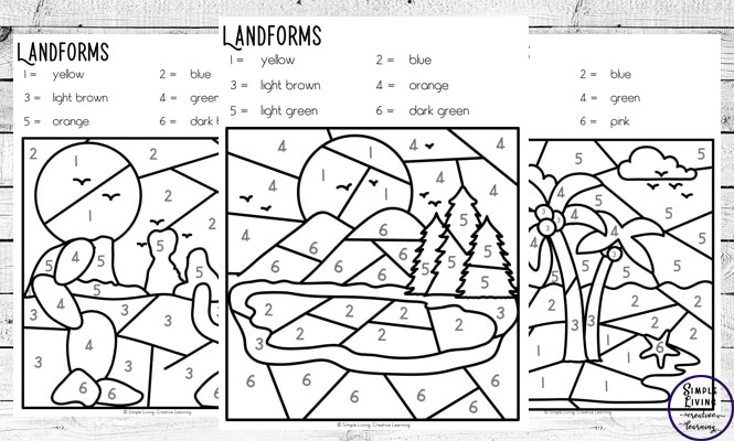 Landforms colour by code worksheets