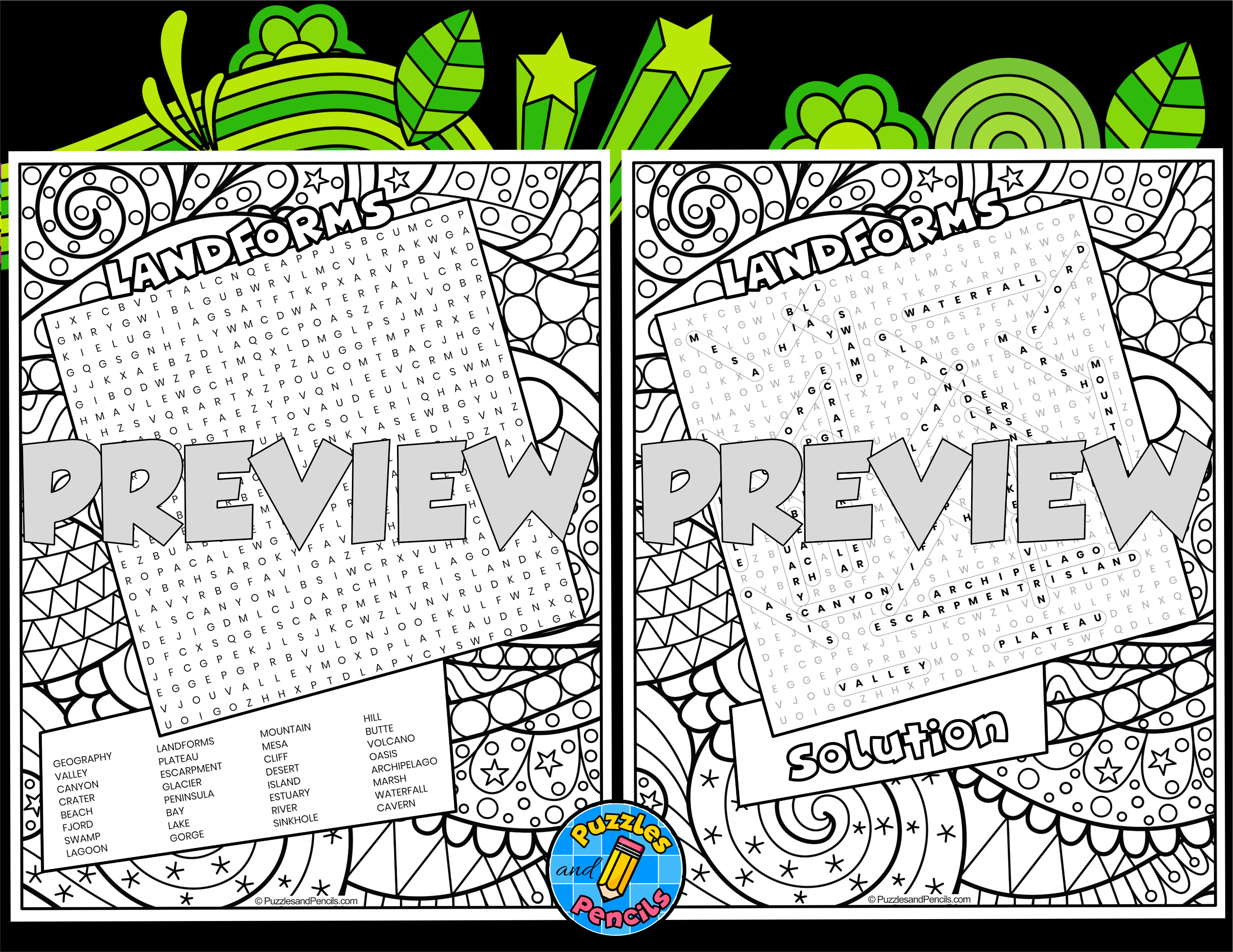 Landforms word search puzzle with colouring geography teaching resources