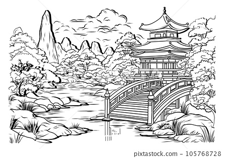 Japanese landscape coloring page coloring page