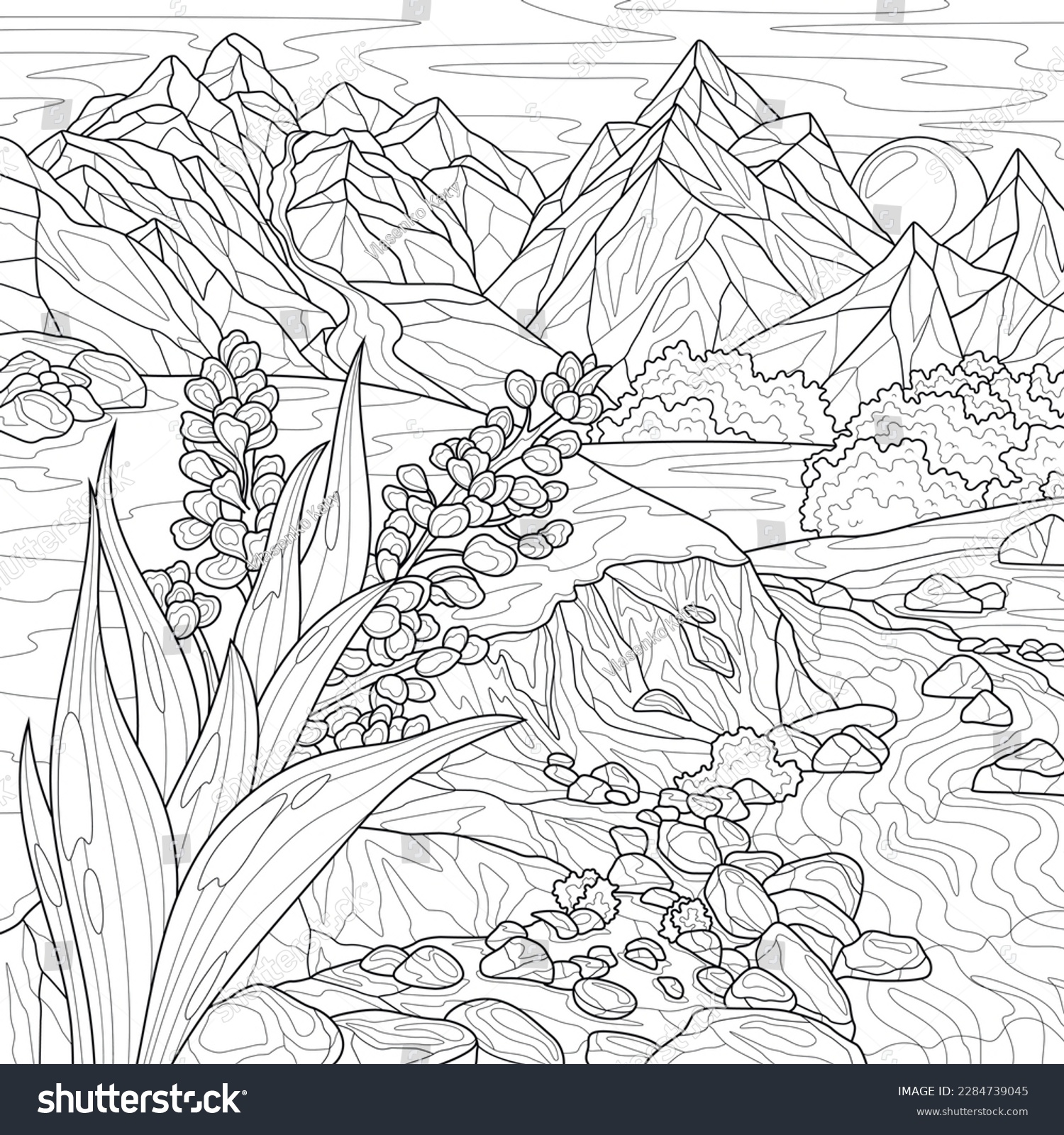 Flower landscape mountains rivercoloring book antistress stock vector royalty free