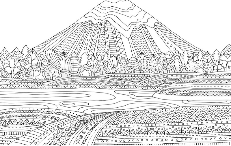 Printable coloring page for adults with mountain landscape lake flower meadow forest trees hand drawn vector illustration freehand sketch for adult anti stress coloring book page with doodle and zentangle elements