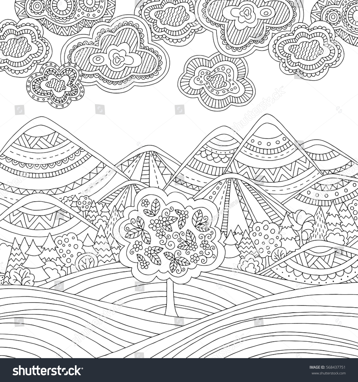 Hakuun printable coloring page adults mountain landscape liittyvã vektorikuva rojaltivapaa