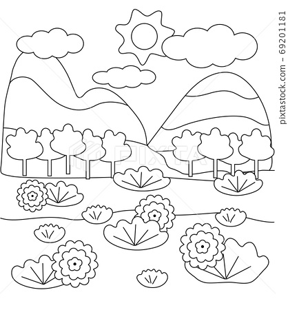 Cute kids coloring book with landscape