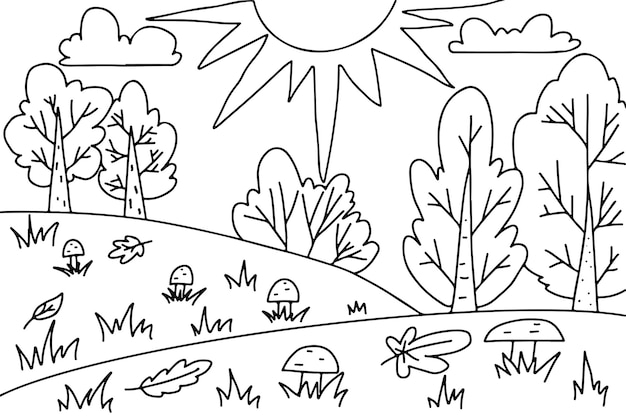 Premium vector coloring page for kids landscape with sun trees bushes mushrooms activity sheet