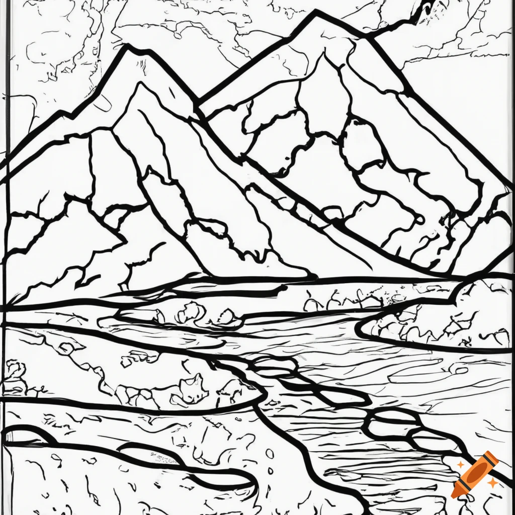 Mountain range with a river running through it coloring book full size coloring page image outline black and white coloring book illustration coloring