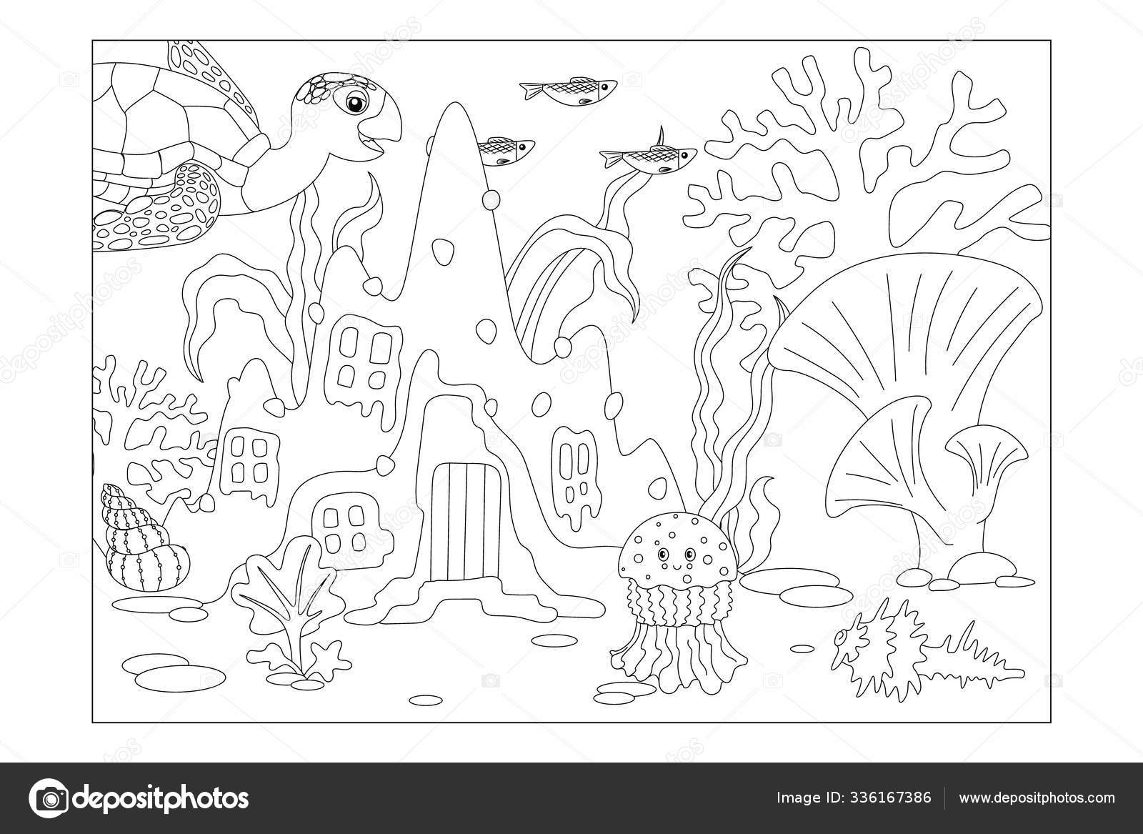 Coloring sheet for children underwater landscape stock vector by elfhame