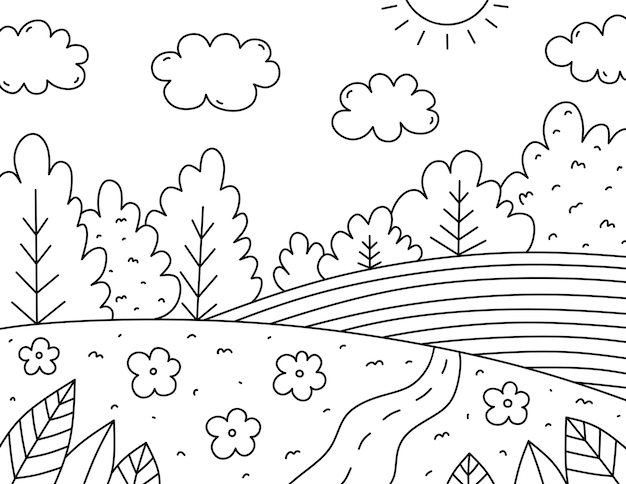 Premium vector cute kids coloring page doodle landscape with clouds trees bushes flowers field and road