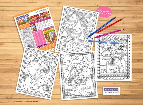 Folk art town pack coloring pages village landscape sheets