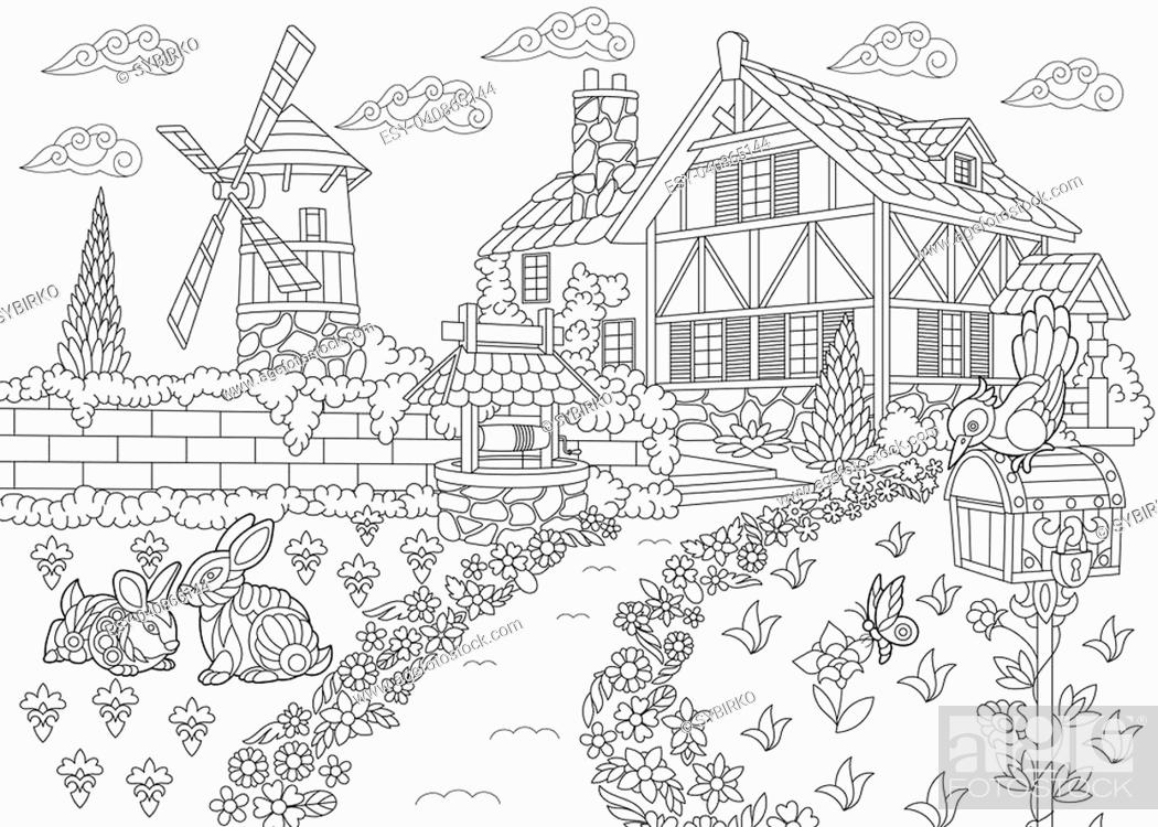 Coloring page of rural landscape farm house windmill water well mail box stock vector vector and low budget royalty free image pic esy