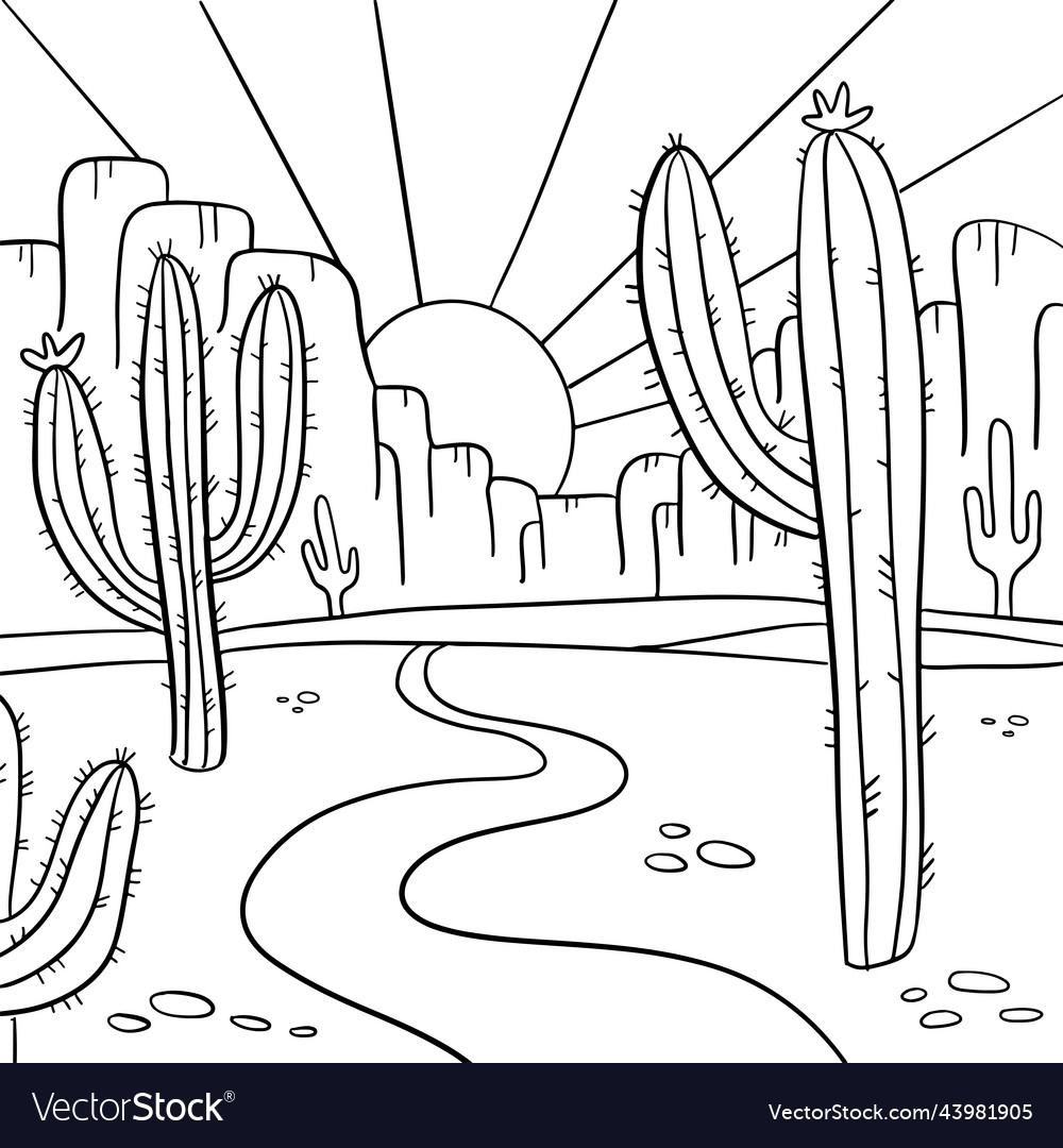 Coloring page with arizona desert landscape hand vector image