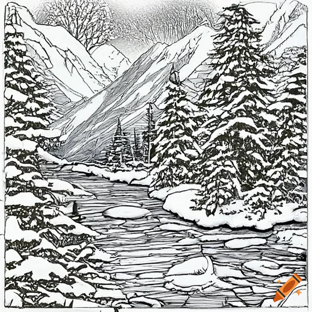 Winter landscape coloring page in bob ross style on