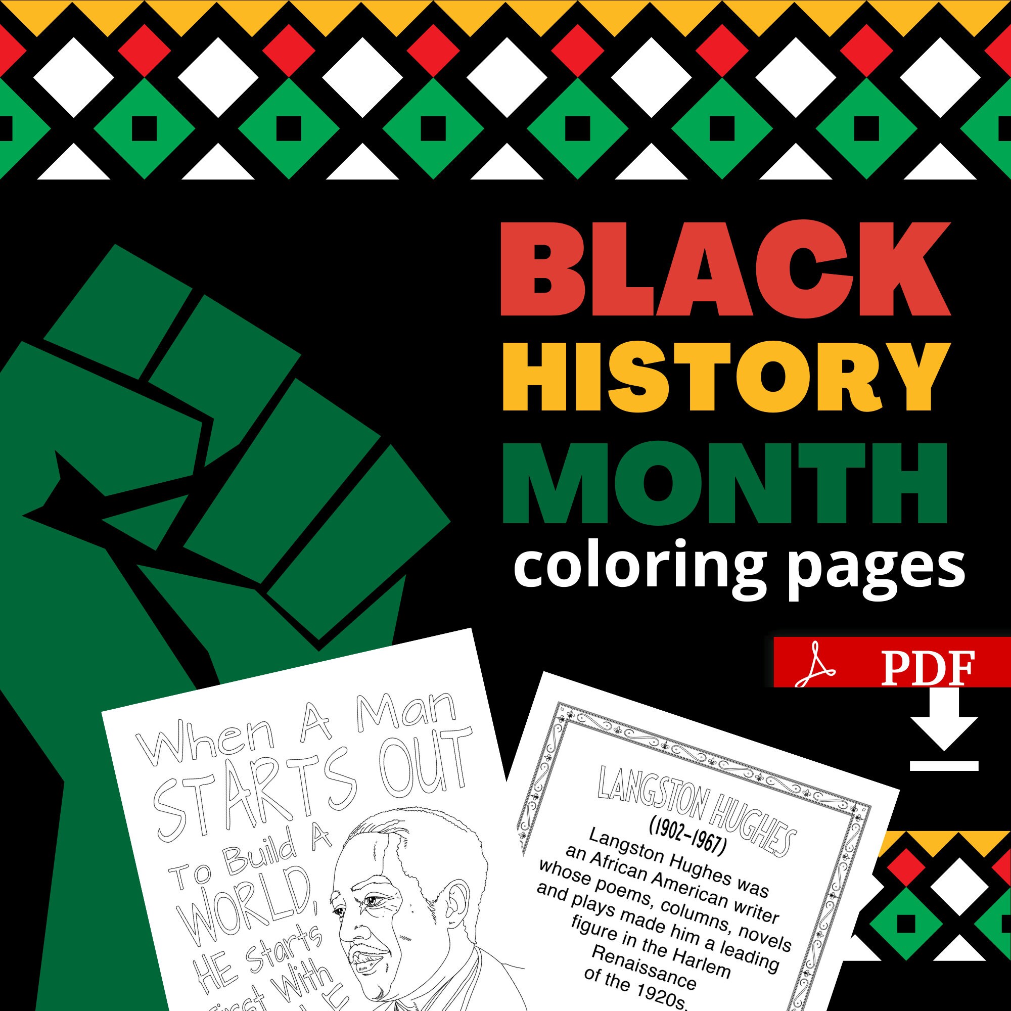 Best value black history month coloring pages digital download langston hughes historical black african american hero with fun facts