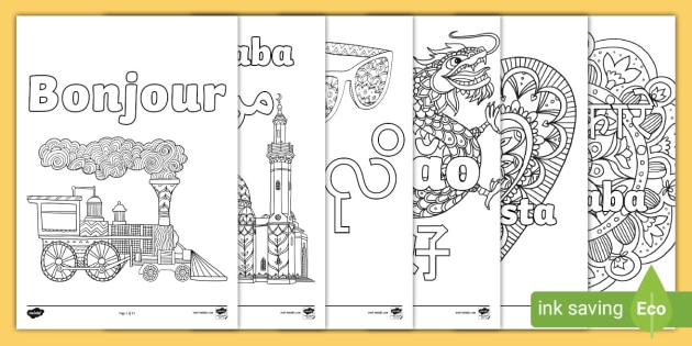 Hello in different languages mindfulness coloring pages