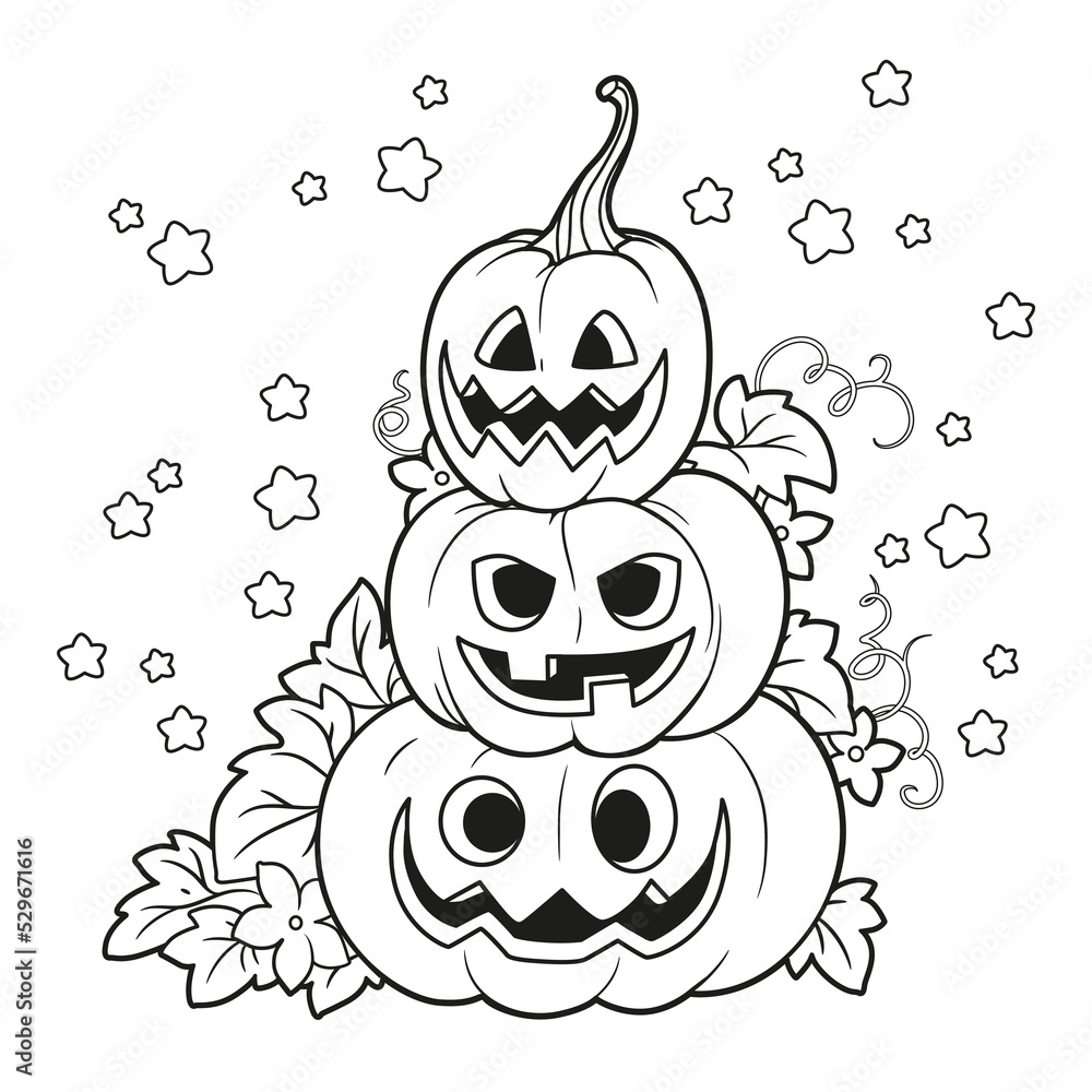 Three lantern from pumpkins with the cut out of a grin stand one on another outlined for coloring page isolated on white vector