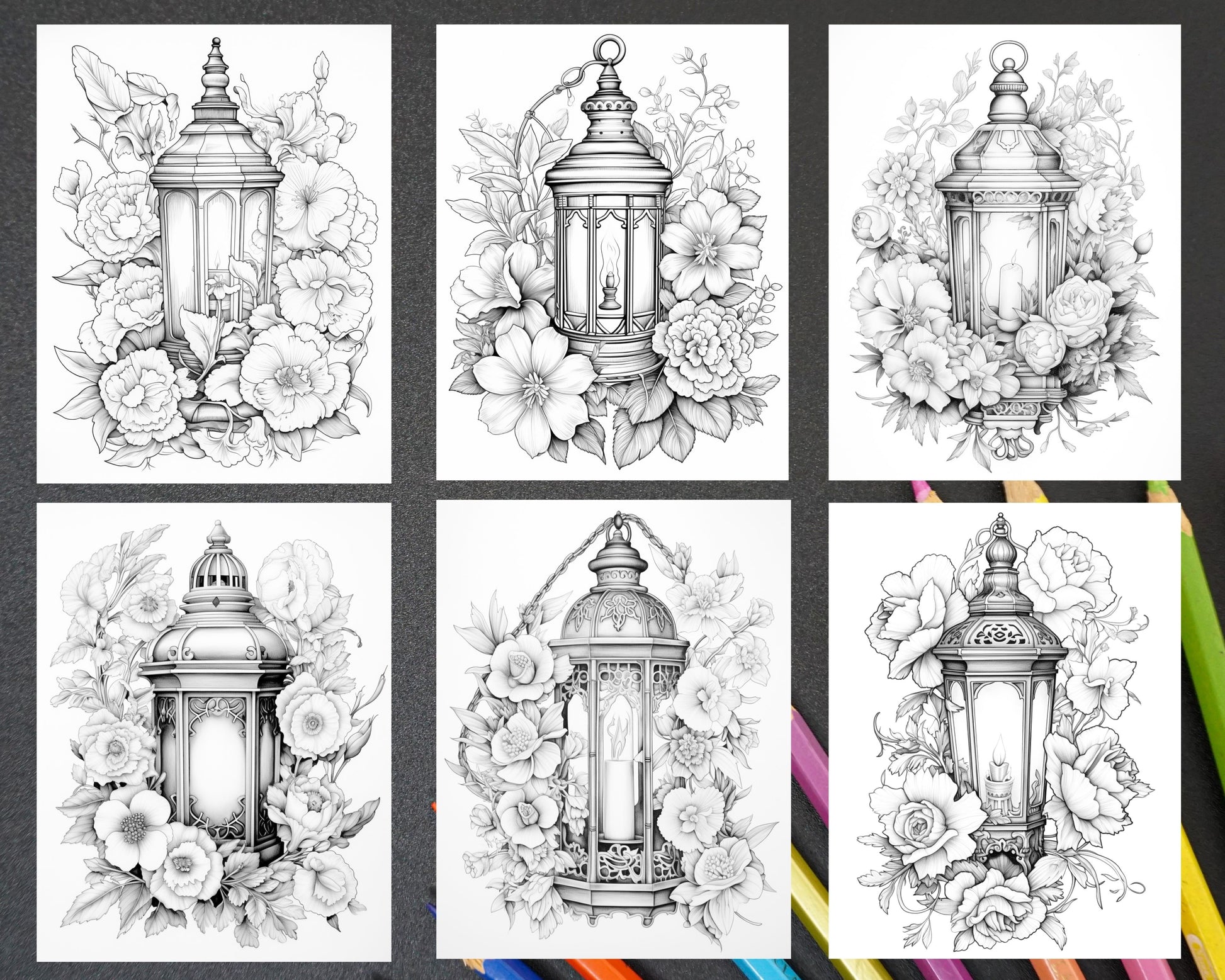 Vintage lantern flower grayscale coloring pages printable for adult â coloring