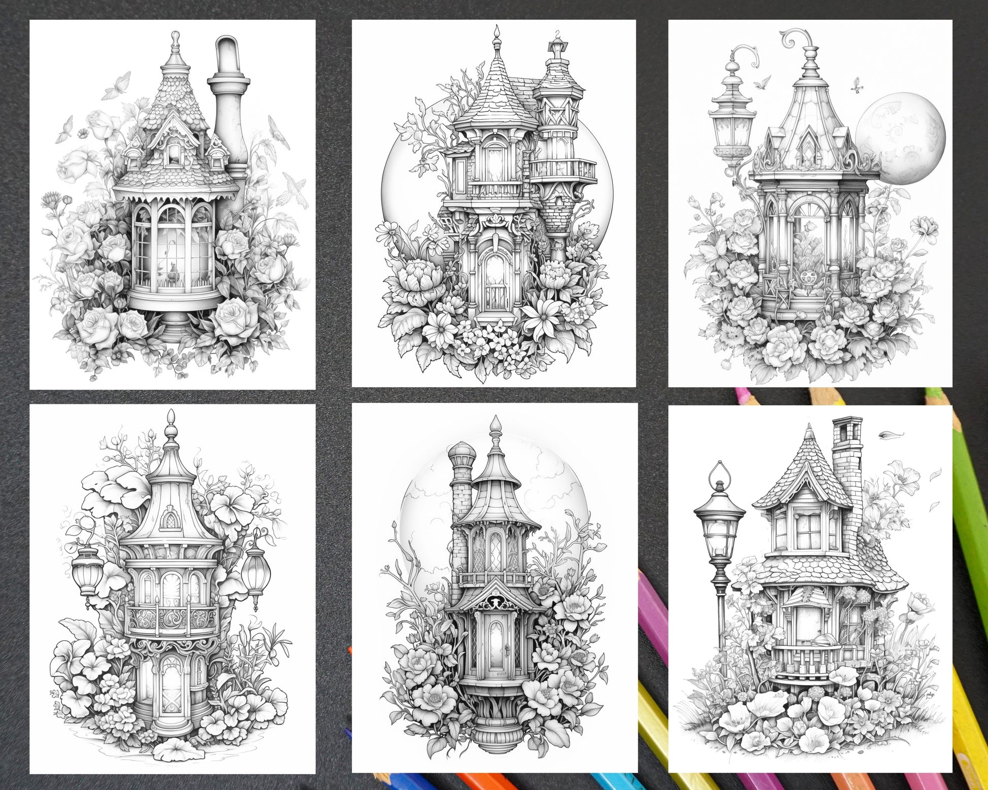 Lantern fairy houses grayscale coloring pages printable for adults â coloring