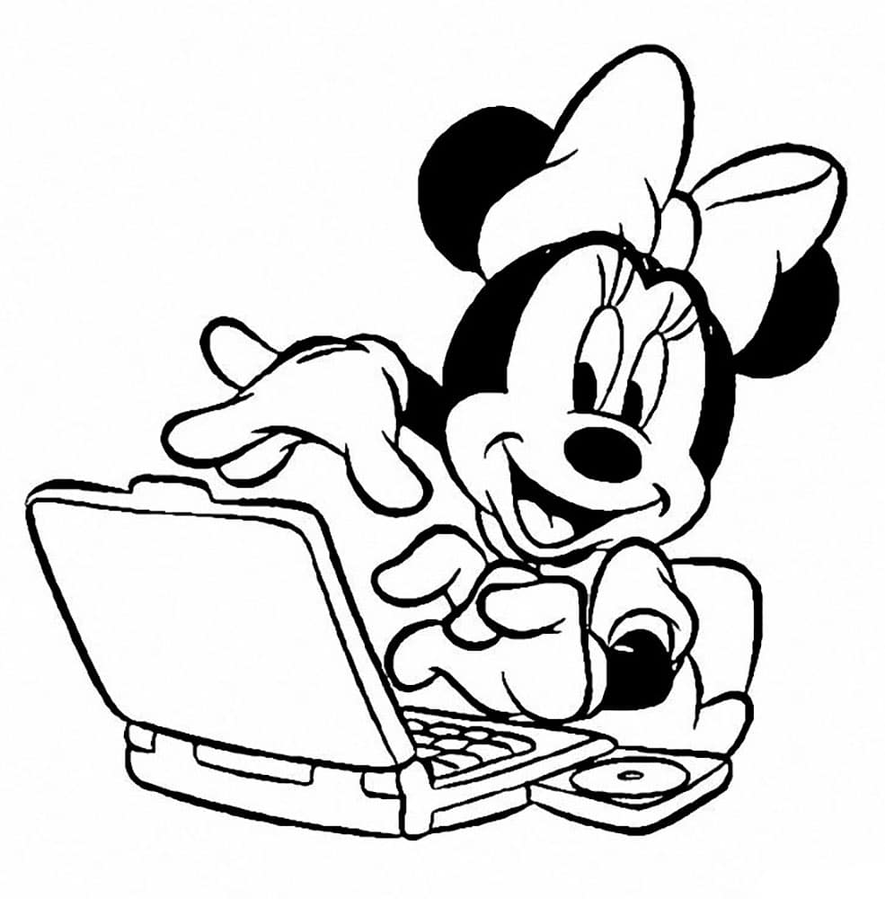 Minnie mouse with a laptop coloring page