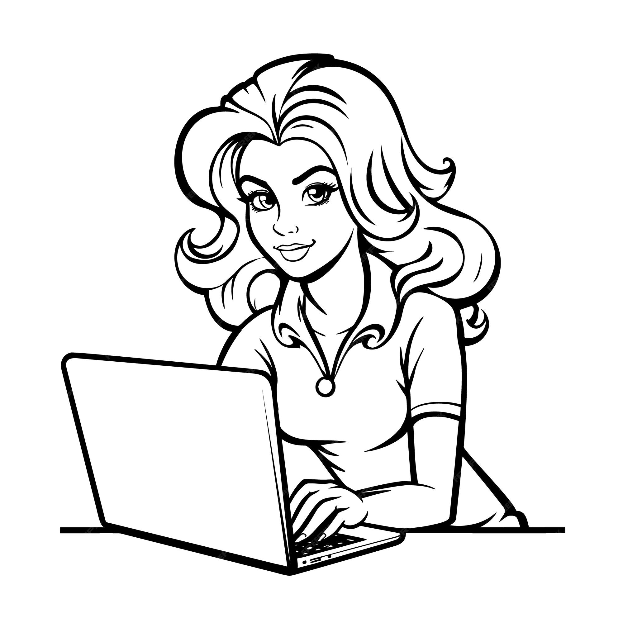 Premium vector a coloring page of a woman working on a laptop