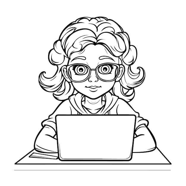 Premium vector a coloring page a girl with a laptop