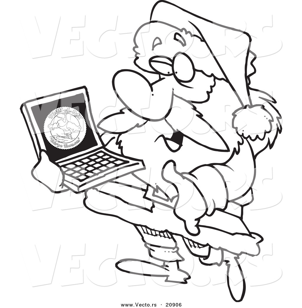 R of a cartoon cartoon black and white outline design of santa carrying a laptop